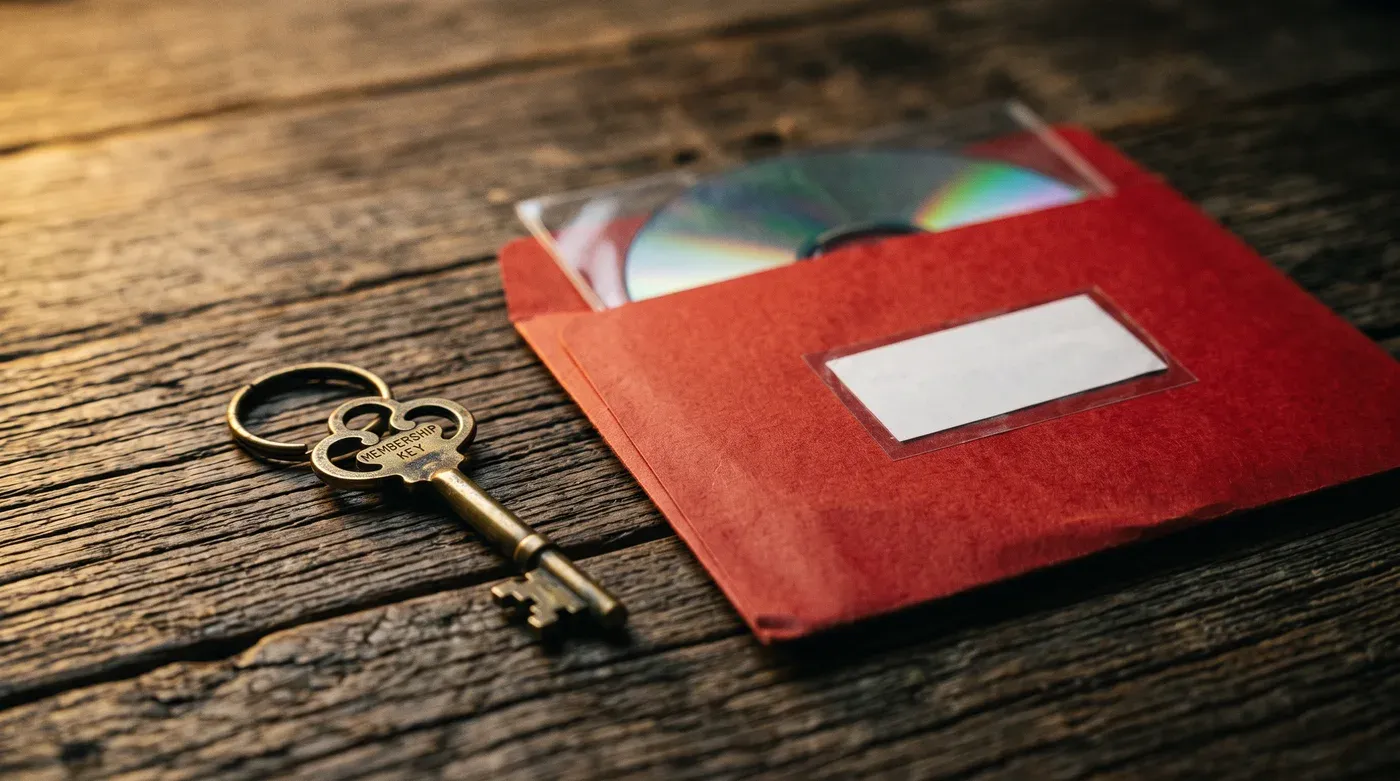 Un DVD dentro de un sobre rojo y unas llaves sobre una mesa de madera. Recreación visual.