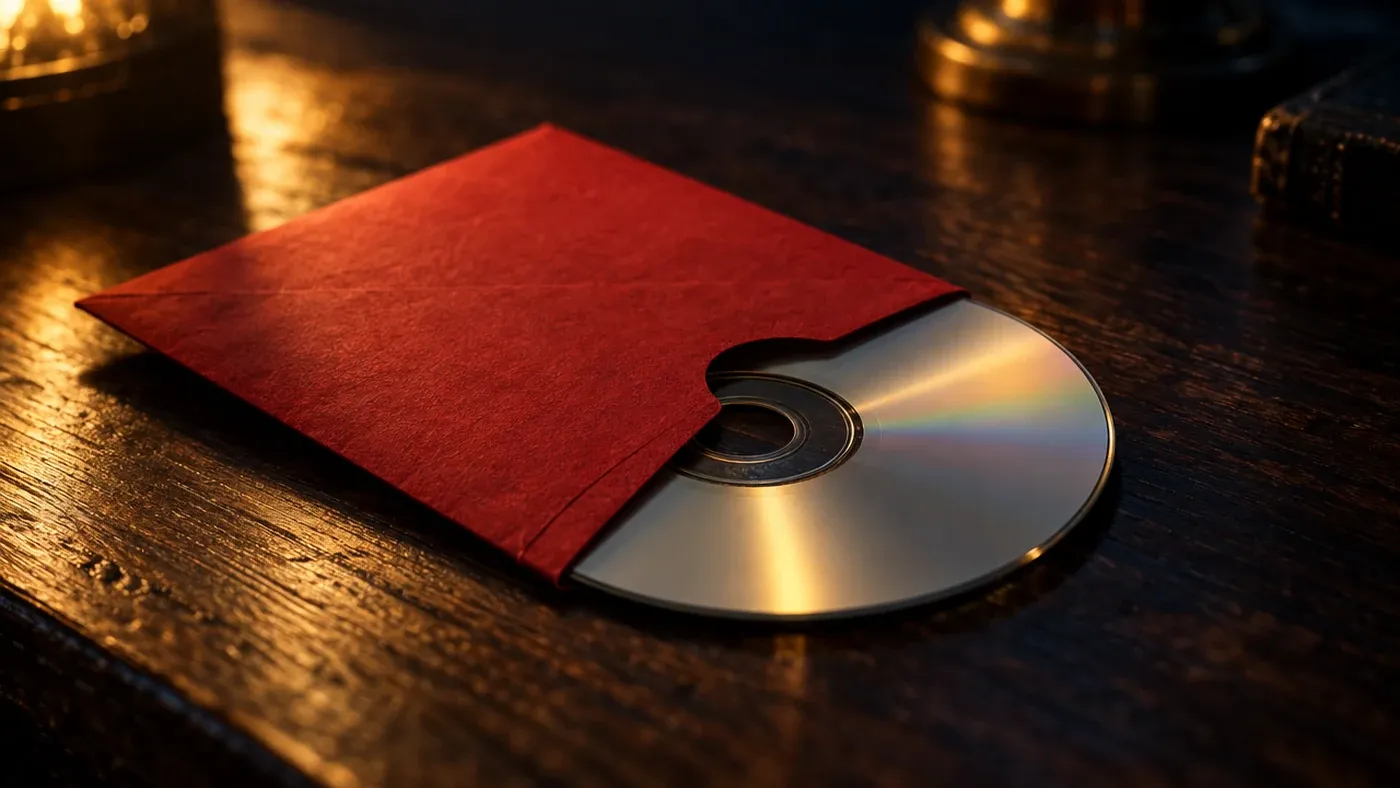 Un DVD dentro de un sobre rojo sobre una mesa oscura. Recreación visual del documental.