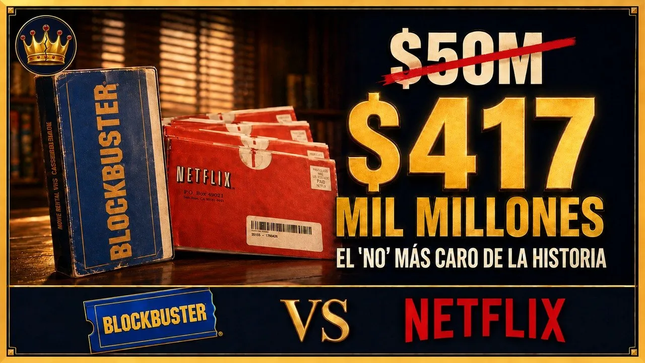 Una cinta VHS de Blockbuster junto a tres sobres rojos de Netflix sobre una mesa de madera; a la derecha, "$50M" tachado y "$417 mil millones" en dorado.