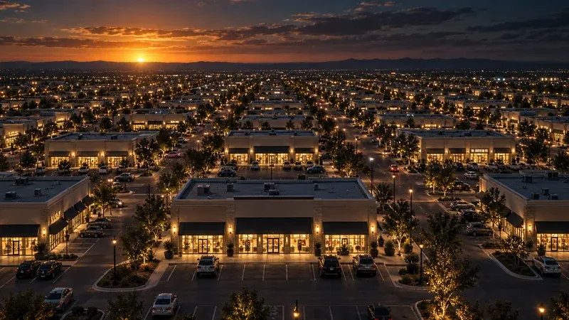 Recreación de cientos de tiendas iluminadas que se extienden hasta el horizonte al atardecer.