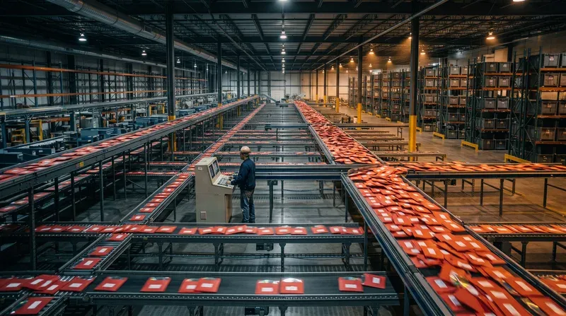 Recreación de un centro de distribución con cintas transportadoras y paquetes.